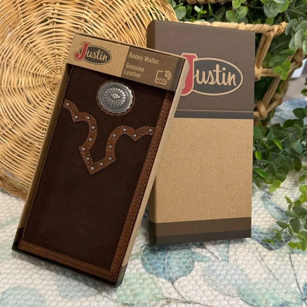 New Justin Boots Dark Brown Slim Bi Fold Leather Jr. Rodeo Wallet NIB